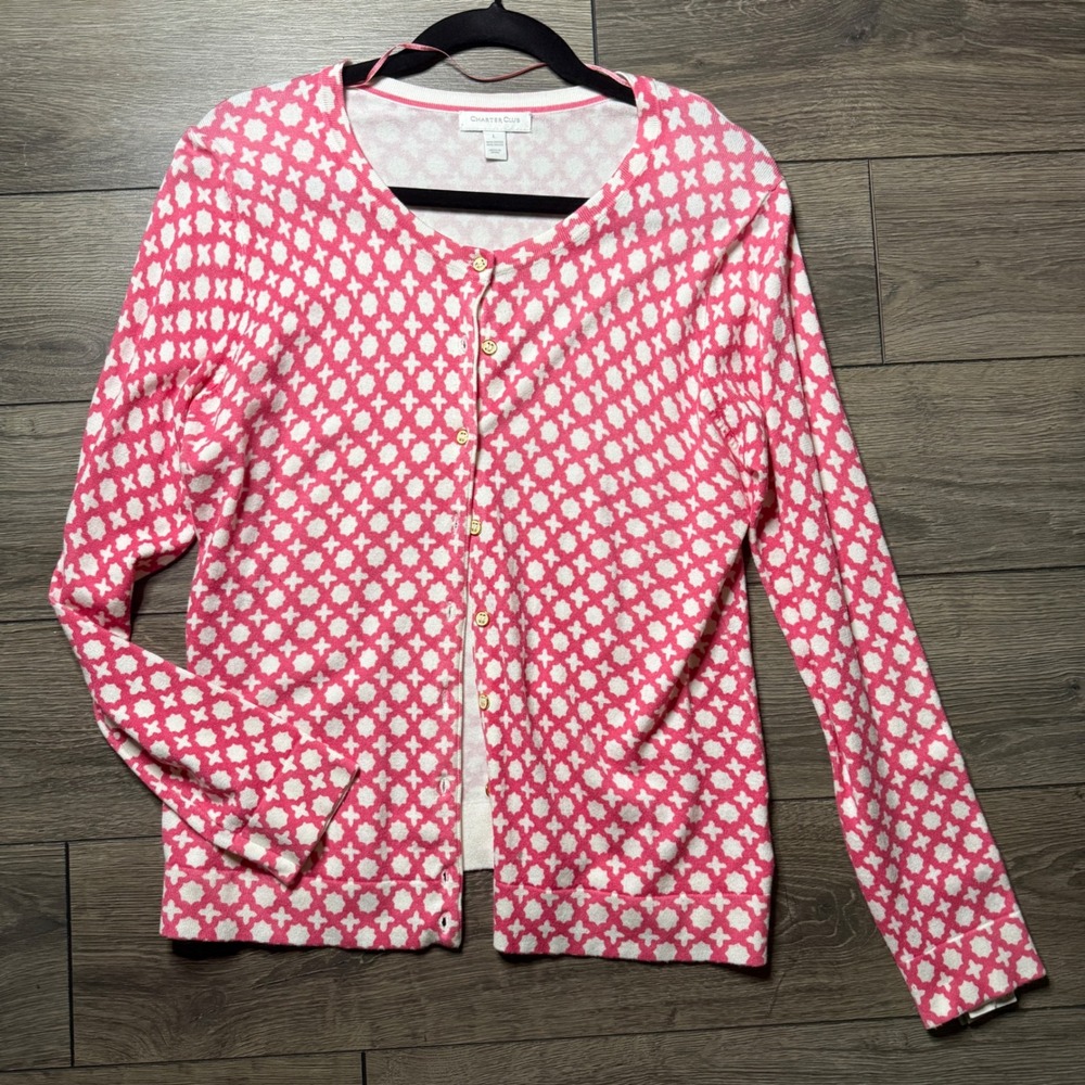 Charter‎ Club Pink White Geometric Cardigan Sweater Strawberry Ice Large NWT